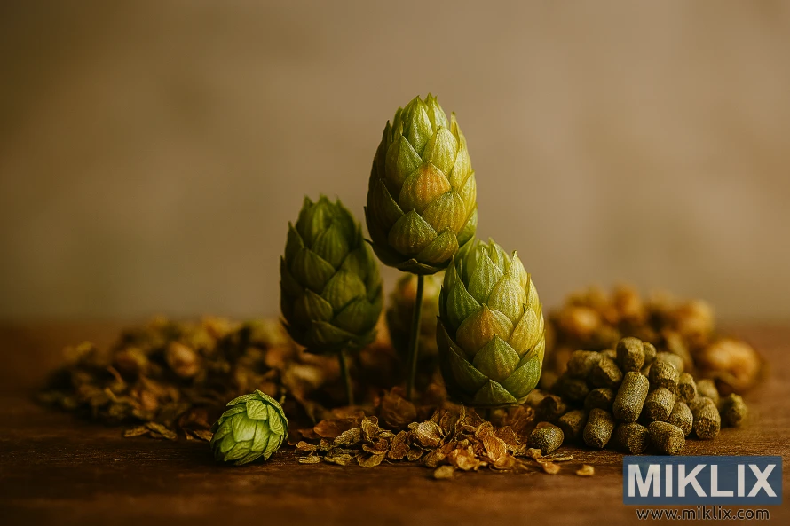 Svježi češeri hmelja, suho cvijeće i hmeljeve kuglice raspoređene na drvenoj površini s mekom bež pozadinom Svježi češeri hmelja, suho cvijeće i hmeljeve kuglice raspoređene na drvenoj površini s mekom bež pozadinom