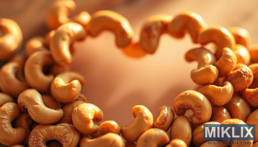 Cashew nuts arranged in a heart shape, glistening under warm golden light against a soft blurred background. Cashew nuts arranged in a heart shape, glistening under warm golden light against a soft blurred background.
