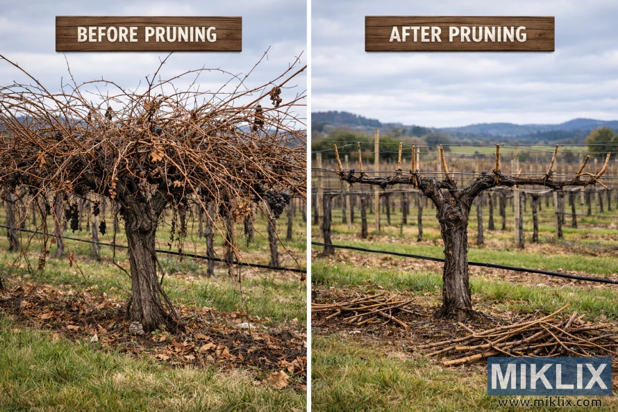 Side-by-side vineyard photo showing an overgrown grapevine before pruning and a neatly pruned grapevine after proper pruning technique.