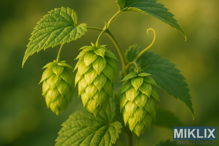 Prim-plan al conurilor și frunzelor de hamei Banner strălucind în lumina caldă a soarelui.