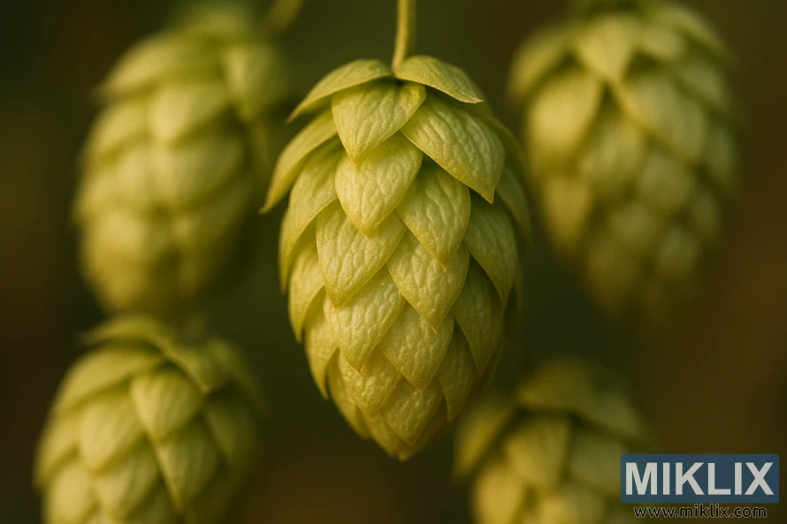 Nærbilde av lysegrønn sterlinghumle med gylden fargetone og lupulinkjertler.