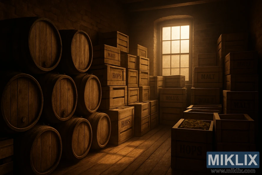 Et svagt oplyst bryggerirum med trækasser og -tønder oplyst af varmt sollys fra et enkelt vindue. Et svagt oplyst bryggerirum med trækasser og -tønder oplyst af varmt sollys fra et enkelt vindue.