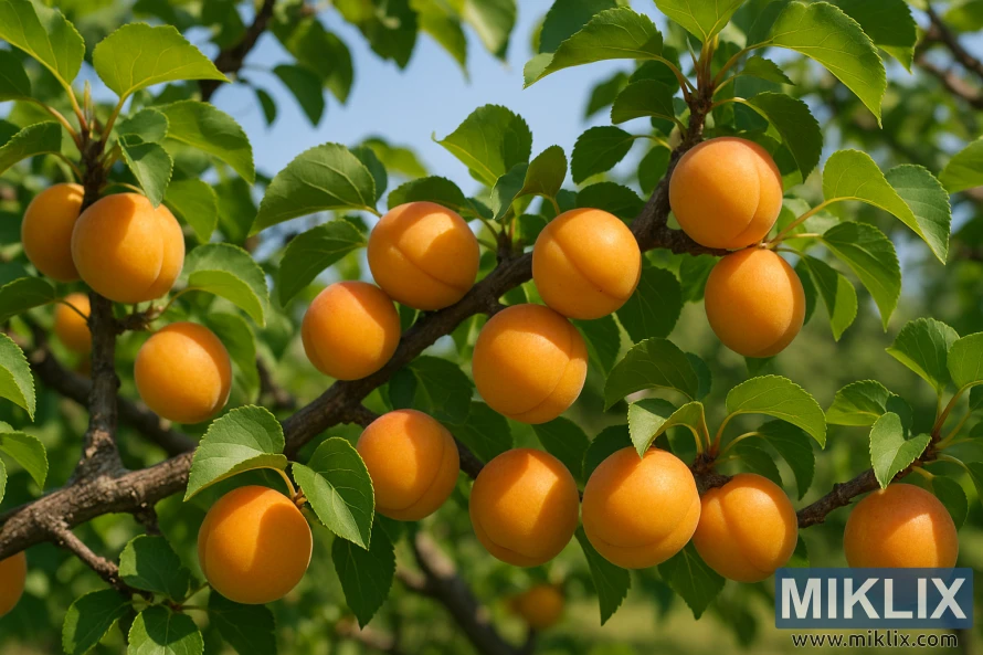 Une branche d'abricotier de Blenheim couverte d'abricots mûrs d'un orange doré et de feuilles d'un vert luxuriant sous un soleil éclatant.