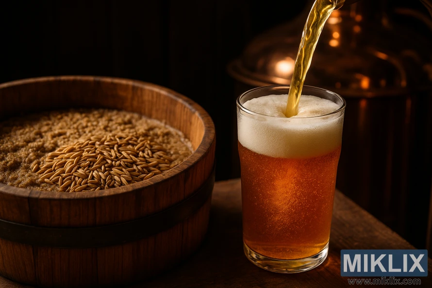 ರೈ ಧಾನ್ಯಗಳಿಂದ ತುಂಬಿದ ಮರದ ಮ್ಯಾಶ್ ಟನ್ ಪಕ್ಕದಲ್ಲಿರುವ ಗಾಜಿನೊಳಗೆ ಕೆನೆ ನೊರೆಯೊಂದಿಗೆ ಗೋಲ್ಡನ್ ಬಿಯರ್ ಸುರಿಯುತ್ತದೆ.