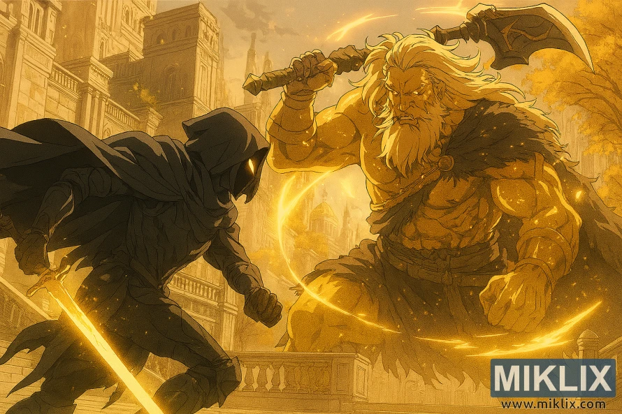 Anime-style fan art of the Tarnished fighting Godfrey in Leyndell Royal Capital from Elden Ring