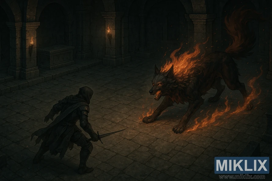 Semi-realistic scene of a cloaked Tarnished facing the flaming Red Wolf inside a dim stone crypt.