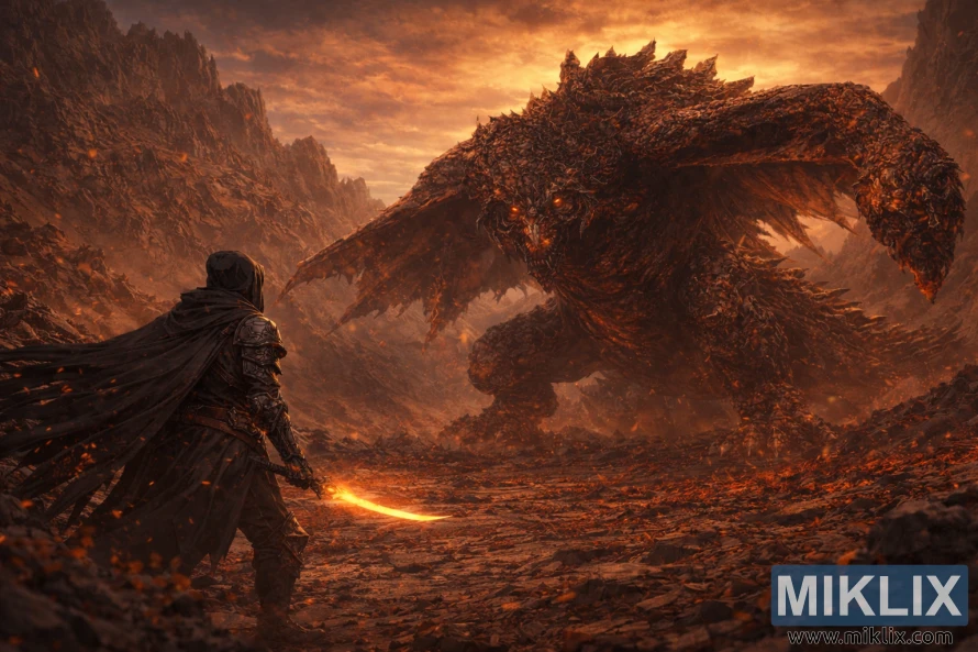 Realistic fantasy scene of the Tarnished in Black Knife armor seen from behind, facing the massive Bayle the Dread in a volcanic valley at sunset.