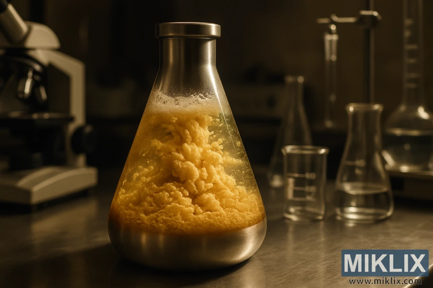 Close-up of a stainless steel laboratory flask containing swirling, flocculent yeast on a metal countertop. Close-up of a stainless steel laboratory flask containing swirling, flocculent yeast on a metal countertop.