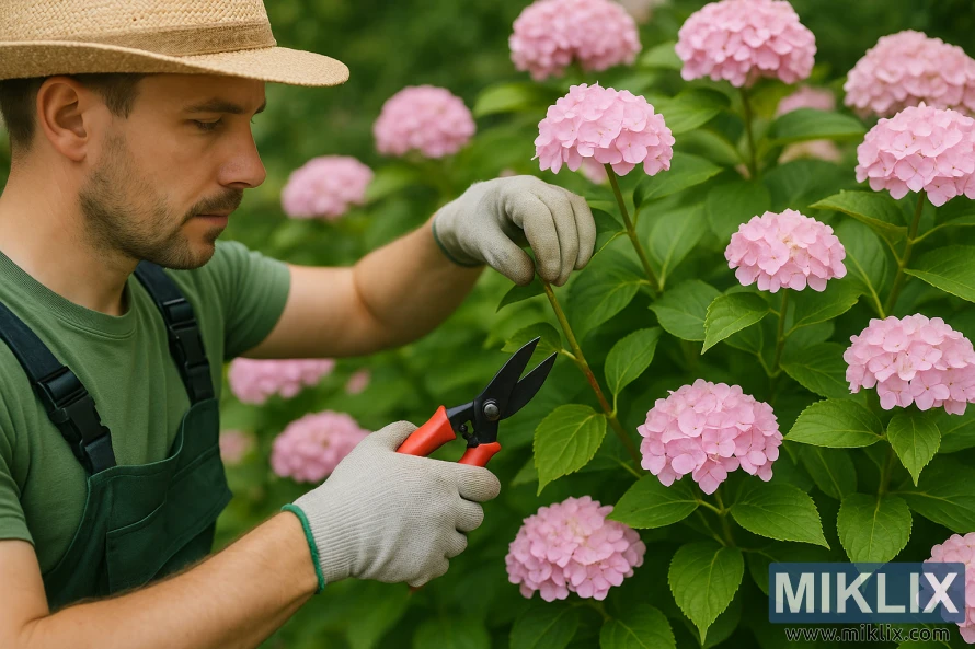 Gardener in straw hat pruning a pink hydrangea shrub with red-handled shears.