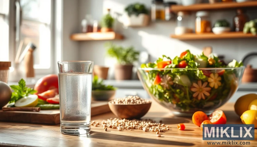 Glass of glucomannan drink on a kitchen counter with vegetables, grains, and salad.