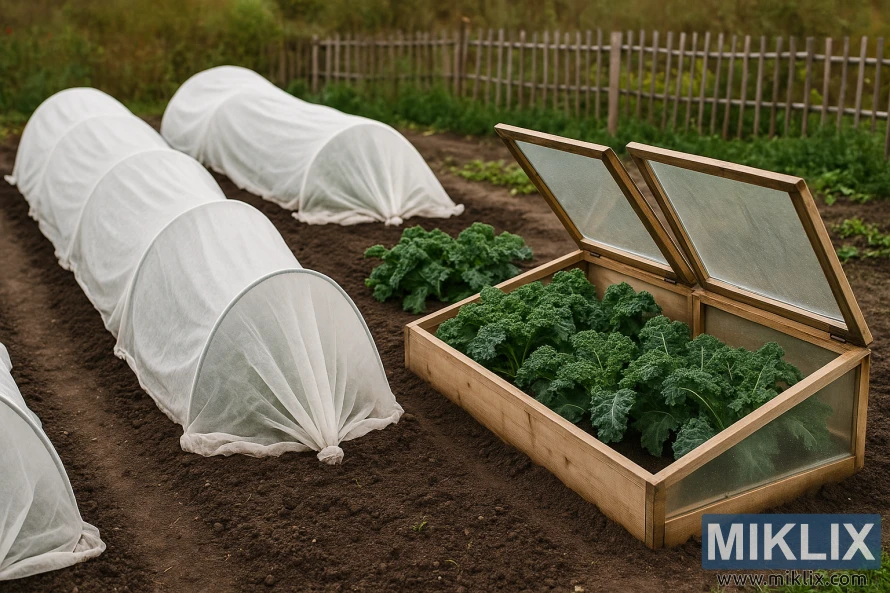 Vegetable garden with kale protected by row covers and a wooden cold frame in soft daylight.