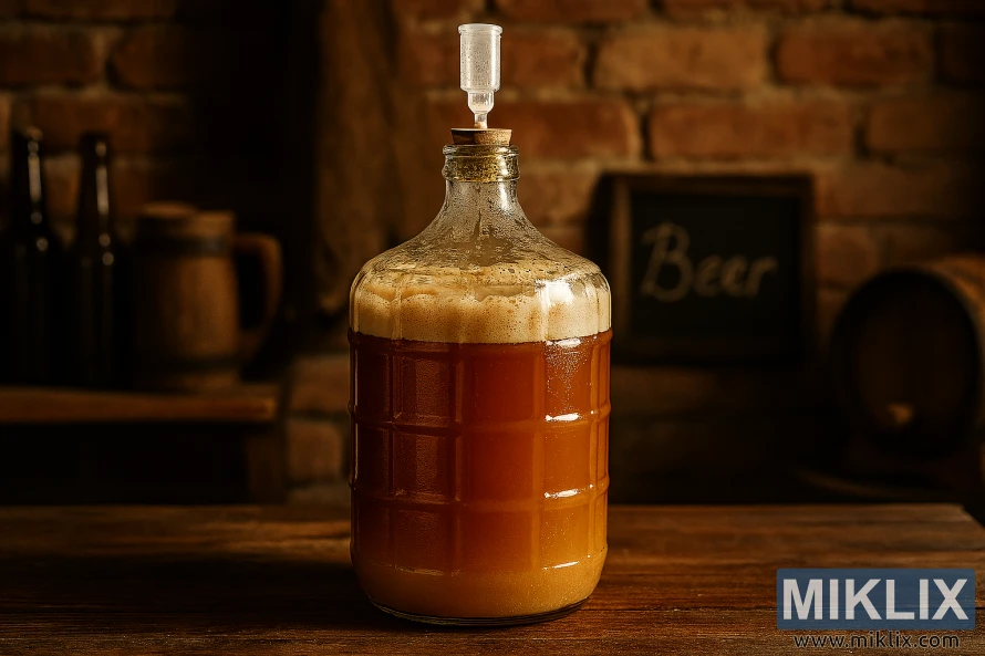 Skleněný demižon s kvašením jantarového piva v rustikální německé scéně domácího pivovarnictví