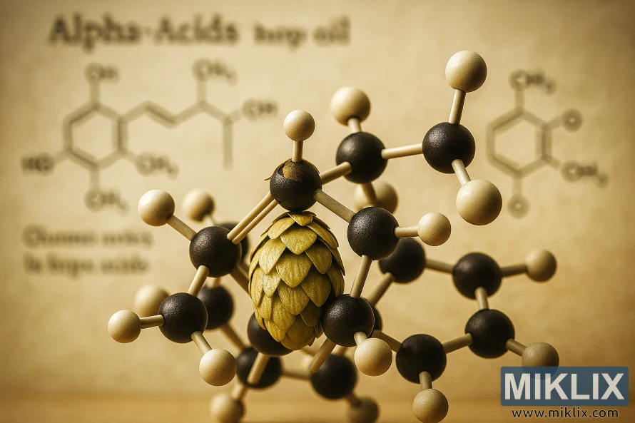 Фотореалистичная молекулярная модель альфа-кислот из хмеля сорта «Премиант» с размытым научным фоном Фотореалистичная молекулярная модель альфа-кислот из хмеля сорта «Премиант» с размытым научным фоном