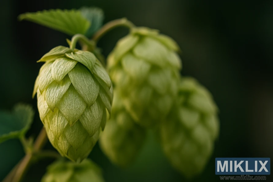 Detailní záběr na světle zelené chmelové hlávky odrůdy Hallertau Blanc s měkkým osvětlením a rozmazaným pozadím Detailní záběr na světle zelené chmelové hlávky odrůdy Hallertau Blanc s měkkým osvětlením a rozmazaným pozadím