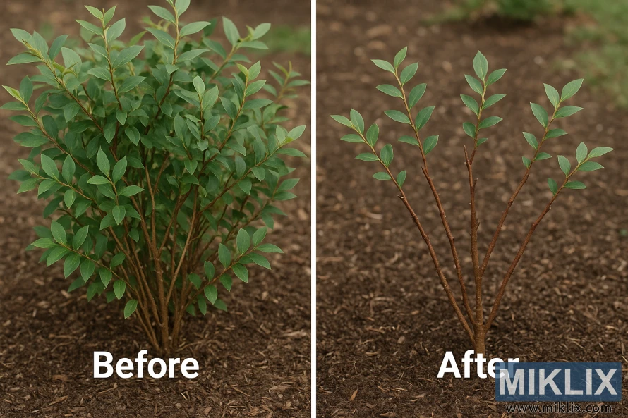 Side-by-side comparison showing a blueberry bush before and after pruning, labeled 'Before' and 'After'.
