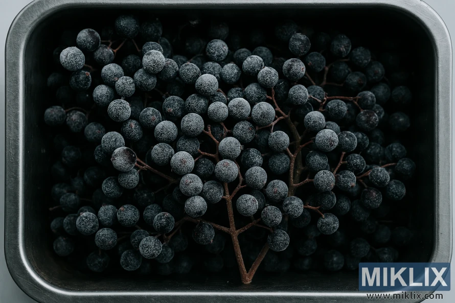 Крупный план замороженных ягод бузины в контейнере из нержавеющей стали с покрытыми инеем стеблями. Крупный план замороженных ягод бузины в контейнере из нержавеющей стали с покрытыми инеем стеблями.