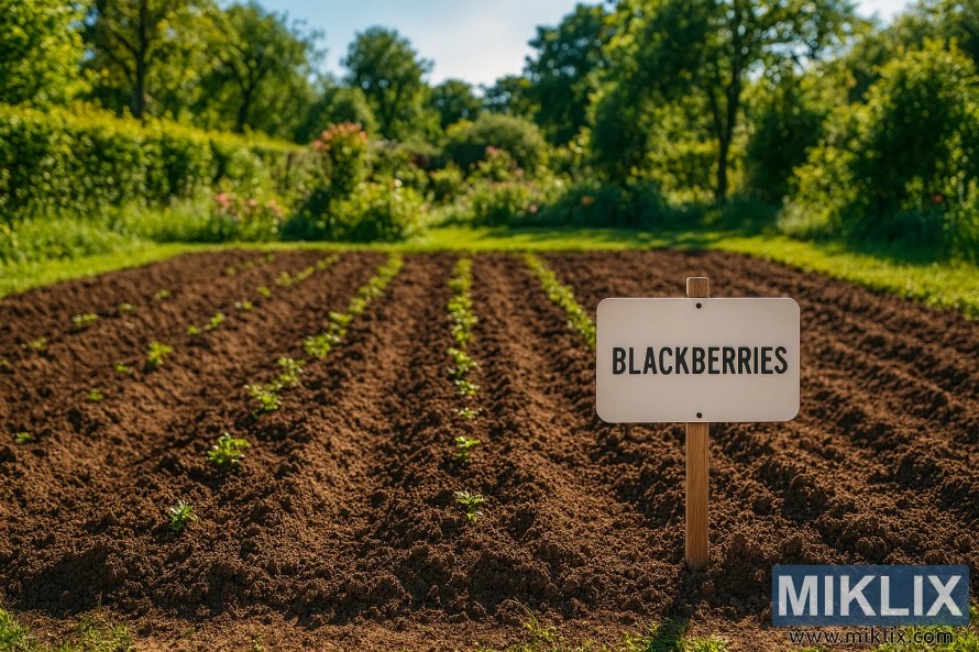 Gyvybingas sodas su gervuogių krūmų eilėmis po saule, apsuptas žalumos ir giedro mėlyno dangaus. Gyvybingas sodas su gervuogių krūmų eilėmis po saule, apsuptas žalumos ir giedro mėlyno dangaus.