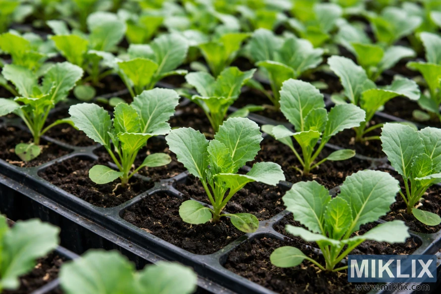 Plàntules de coliflor amb les primeres fulles veritables que creixen uniformement en safates de llavors negres sota llum natural