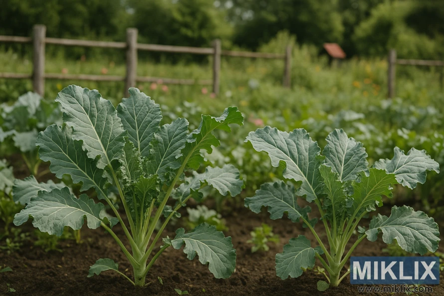 Healthy Siberian kale plants growing in rich soil within a rustic country garden bordered by a wooden fence and surrounded by lush greenery.
