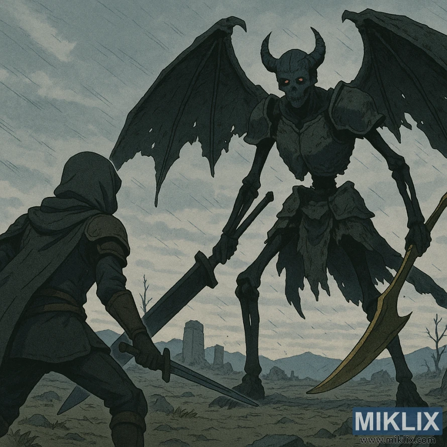 Fanúšikovské umenie v štýle anime zobrazujúce Poškvrneného zozadu čelia týčiacemu sa kostnatému Príbuznému s Čiernou Čepeľou s čiernymi kosťami a rozpadnutým brnením.