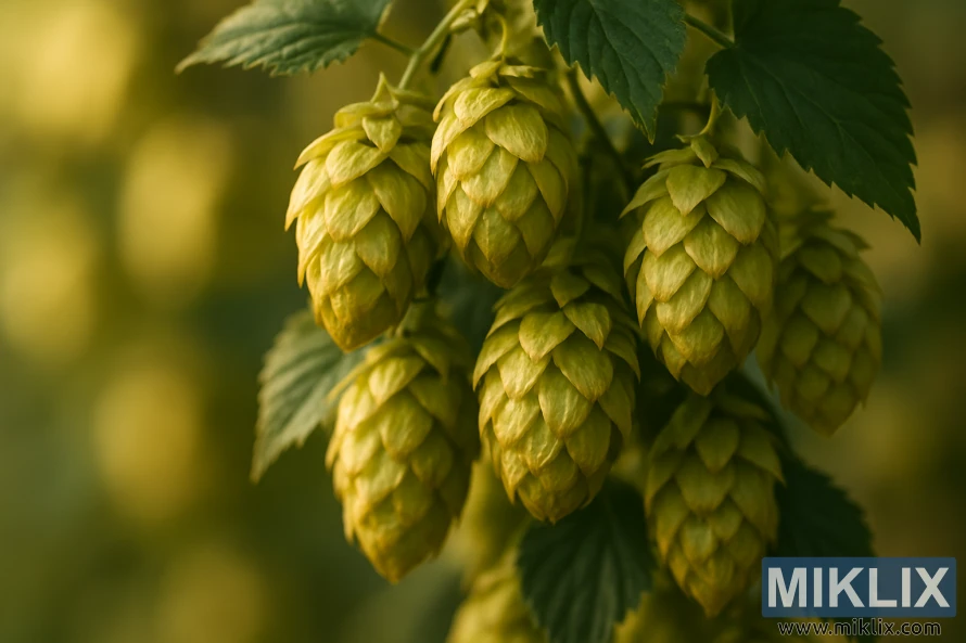 સોનેરી-લીલા લેન્ડહોફેન હોપ કોન વેલા પર નરમાશથી ચમકતા.