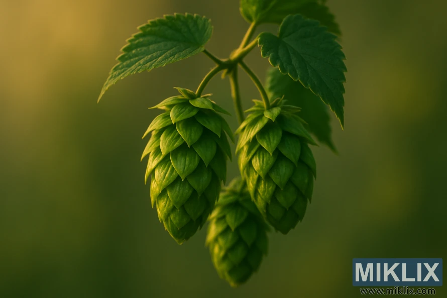 మెల్లగా అస్పష్టంగా ఉన్న నేపథ్యంలో బంగారు సూర్యకాంతితో ప్రకాశించే పచ్చ-ఆకుపచ్చ సదరన్ క్రాస్ హాప్ కోన్‌ల క్లోజప్.