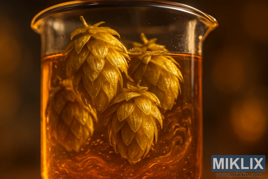 Close-up of golden hop cones suspended in a glass beaker filled with amber liquid, softly illuminated with warm light. Close-up of golden hop cones suspended in a glass beaker filled with amber liquid, softly illuminated with warm light.