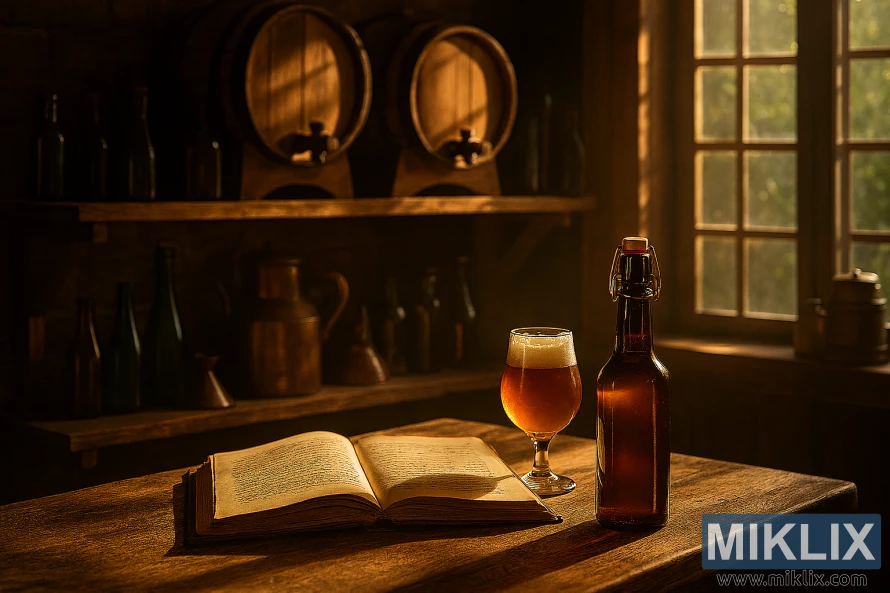 Útulný pivovar s dřevěnými sudy, varným náčiním a sluncem zalitým stolem s otevřenou knihou a sklem