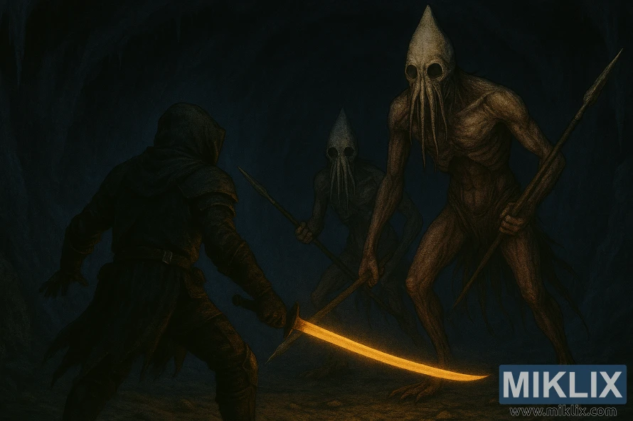 Realistic Elden Ring fan art of the Tarnished facing two Kindred of Rot in a cavern