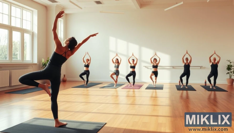Person holding a yoga pose in a serene studio with hardwood floors and natural light.