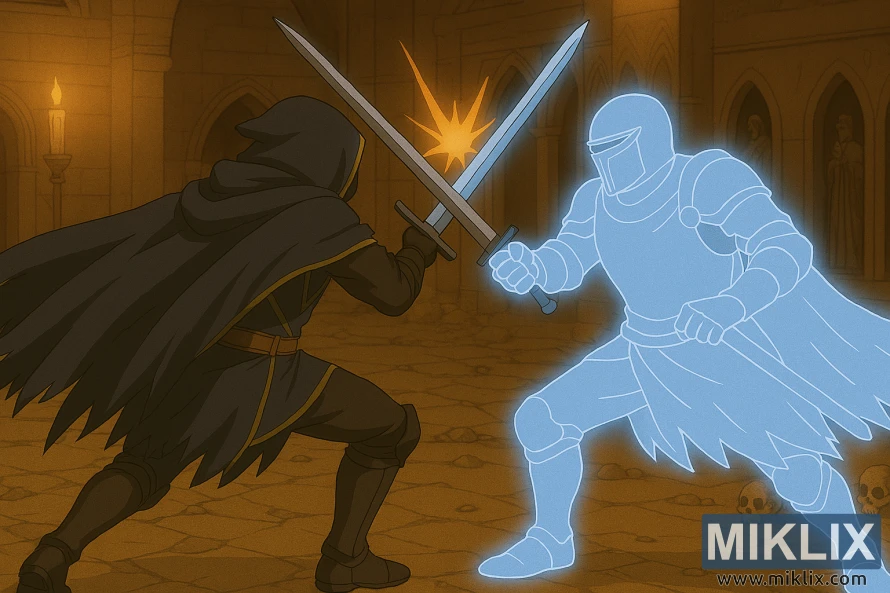 अँध्यारो कालकोठरीमा चम्किलो नीलो वर्णक्रमीय नाइटसँग तरवारहरू ठोक्किँदै गरेको कालो चक्कु कवचमा कलंकितको एनिमे शैलीको छवि।