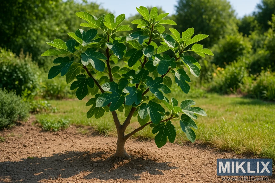 A young fig tree with lush green leaves growing in a sunny garden with well-drained soil. A young fig tree with lush green leaves growing in a sunny garden with well-drained soil.