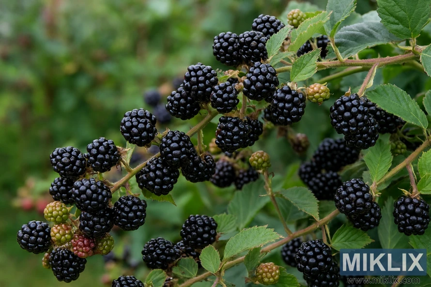 Prinokusių gervuogių, augančių ant dygliuotų lazdelių vešliame namų sode, stambus planas Prinokusių gervuogių, augančių ant dygliuotų lazdelių vešliame namų sode, stambus planas