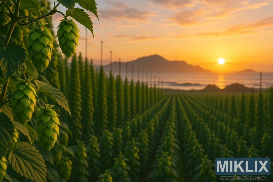 Stillehavssoloppgang over et stort humlefelt med detaljerte grønne humlekjegler i forgrunnen.