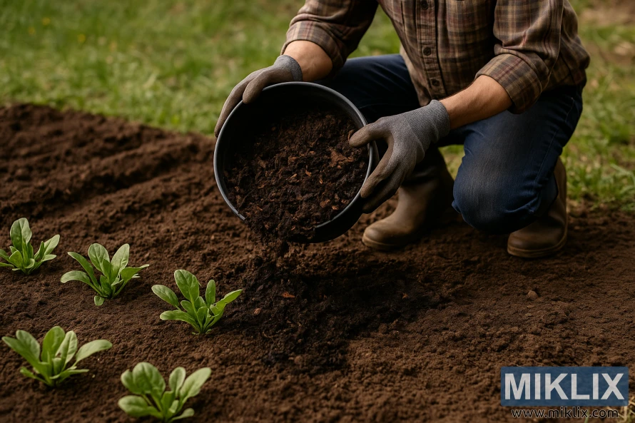 Садовник в перчатках добавляет богатый компост в почву рядом с молодыми растениями шпината на грядке. Садовник в перчатках добавляет богатый компост в почву рядом с молодыми растениями шпината на грядке.