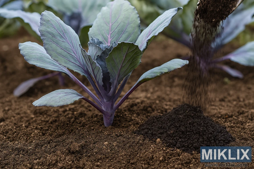 Organic fertilizer being applied to the base of red cabbage plants in a garden bed