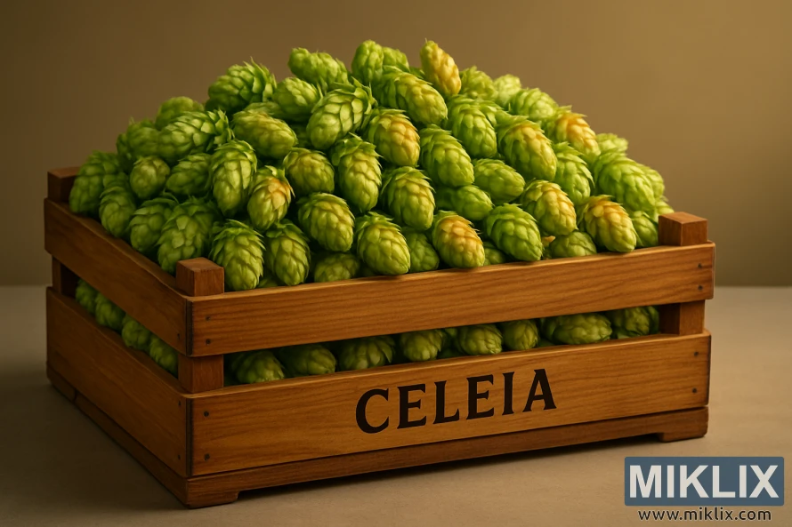 Gerai apšviesta medinė dėžė, pripildyta ryškiaspalvių, ką tik nuimtų Celeia apynių spurgų ant poliruoto studijinio paviršiaus.