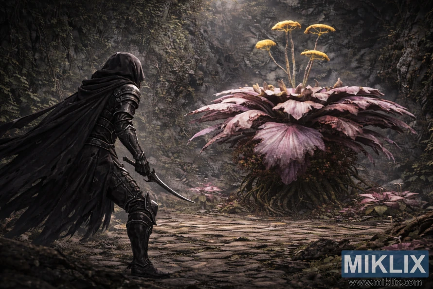 Dark, realistic fantasy scene of the Tarnished in Black Knife armor seen from behind, facing a towering Miranda Blossom boss inside the shadowy depths of Tombsward Cave just before battle.