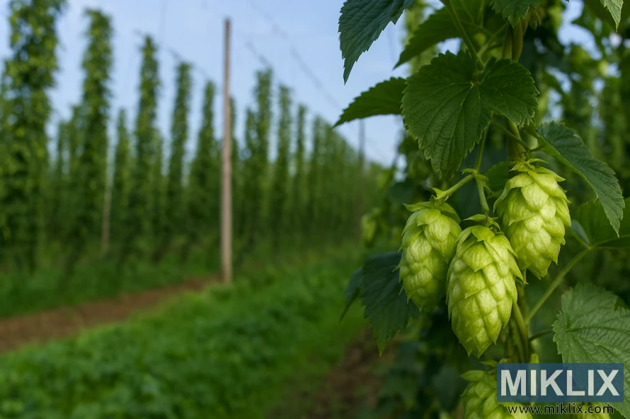 Close-up kerucut hop Admiral dengan ladang hop teralis di latar belakang Close-up kerucut hop Admiral dengan ladang hop teralis di latar belakang