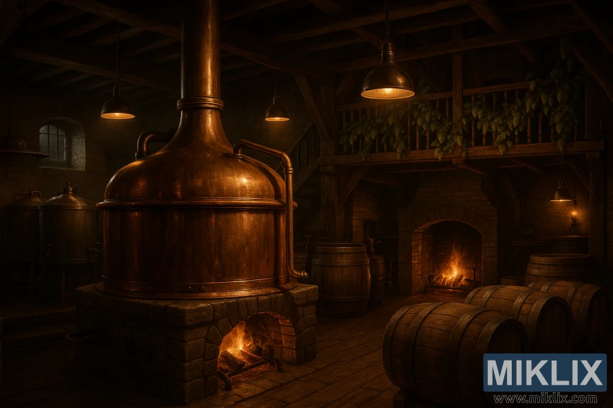 Copper brew kettle in a dim traditional brewery with oak barrels, wooden beams, brass fixtures, and cascading hop vines. Copper brew kettle in a dim traditional brewery with oak barrels, wooden beams, brass fixtures, and cascading hop vines.