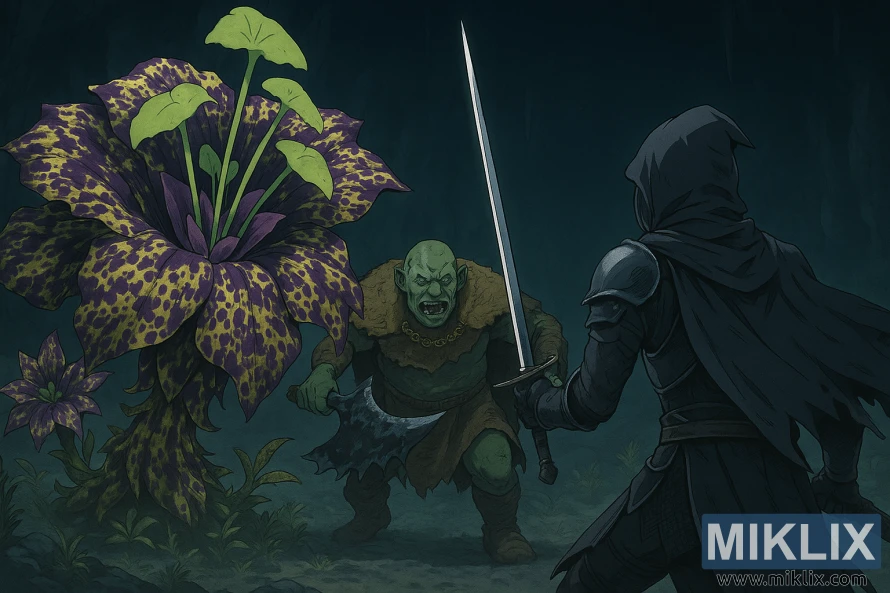 Anime-style fan art showing the Tarnished from behind facing an Omenkiller and the giant plant Miranda the Blighted Bloom inside a dark cavern. Anime-style fan art showing the Tarnished from behind facing an Omenkiller and the giant plant Miranda the Blighted Bloom inside a dark cavern.
