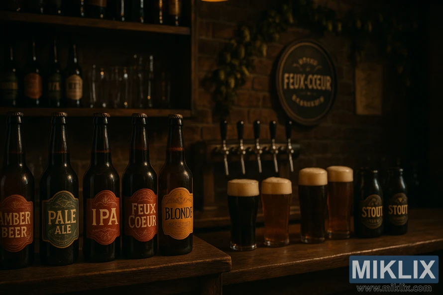 Prijetna notranjost pivnice z lesenimi policami steklenic kraft piva, rustikalnim barom in toplo ambientalno osvetlitvijo.