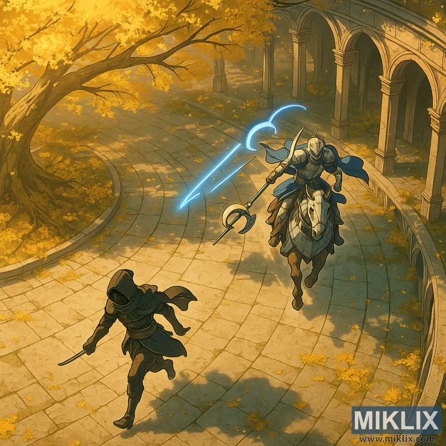 Сцена над глава во аниме стил која ја прикажува Лорета, витез од Халигтри, на коњ како го брка убиец со црн нож низ златниот двор под Халигтри. Сцена над глава во аниме стил која ја прикажува Лорета, витез од Халигтри, на коњ како го брка убиец со црн нож низ златниот двор под Халигтри.