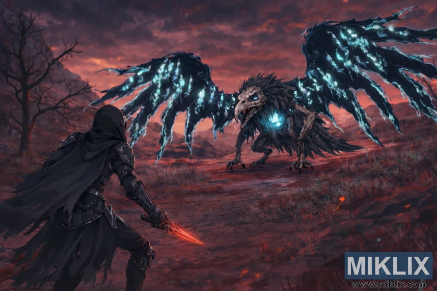 Anime-style Elden Ring fan art of the Tarnished in Black Knife armor facing an undead, bird-headed Death Rite Bird in Caelid before battle.