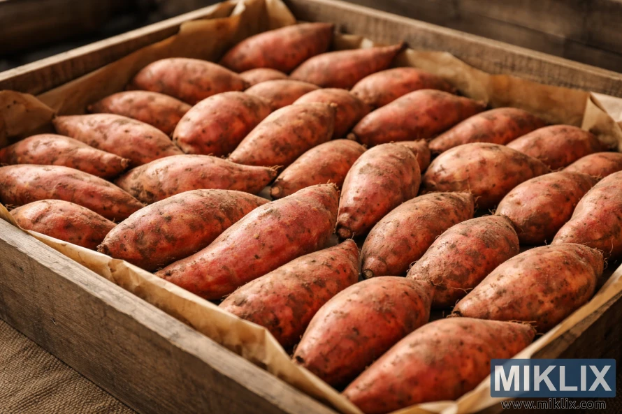 茶色の紙を敷いた浅い木箱にサツマイモを保管中。皮に土がついたまま、きちんと並べられています。