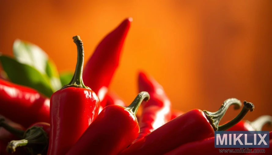 Krupni plan živopisnih crvenih čili papričica sa teksturiranim površinama pod mekim bočnim osvetljenjem. Krupni plan živopisnih crvenih čili papričica sa teksturiranim površinama pod mekim bočnim osvetljenjem.