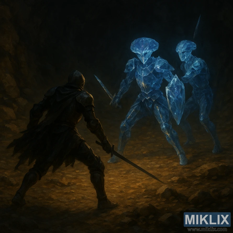 A realistic fantasy painting of a Tarnished fighting two wide-headed blue Crystalians with crystalline weapons inside a dim cavern.