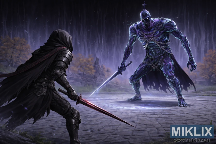 Anime-style Elden Ring scene showing the Tarnished from behind with a red-glowing sword facing an enlarged, towering Bols, Carian Knight, in Cuckoo’s Evergaol. Anime-style Elden Ring scene showing the Tarnished from behind with a red-glowing sword facing an enlarged, towering Bols, Carian Knight, in Cuckoo’s Evergaol.