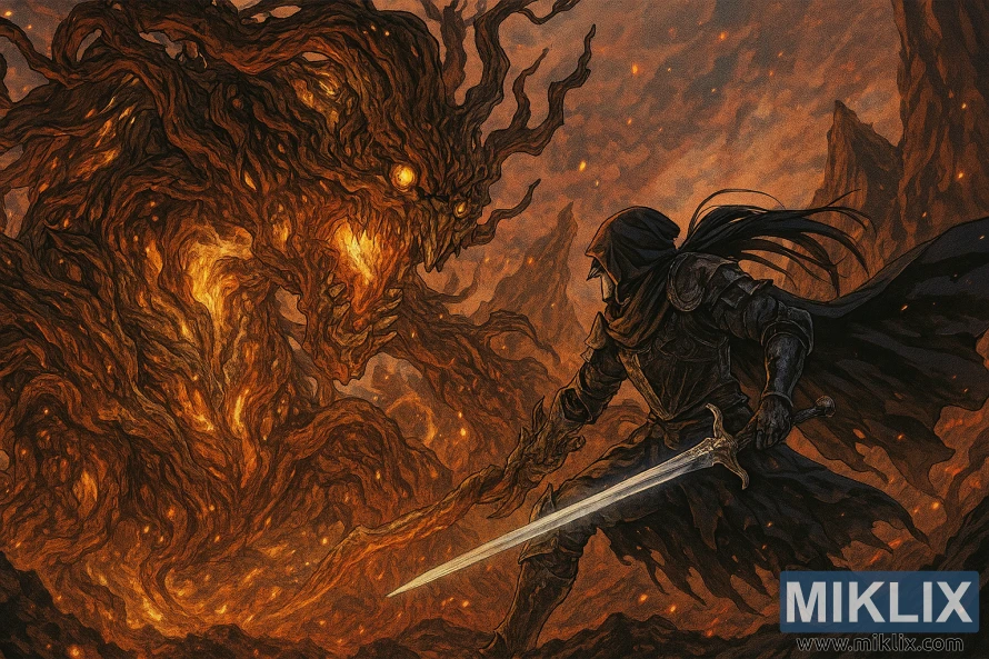 Bitka u anime stilu između Tarnished u oklopu Black Knife i ulceriranog duha drveta u planini Gelmir Elden Ringa