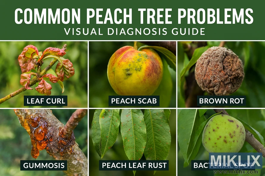 Landscape image showing peach tree diseases like leaf curl, brown rot, bacterial spot, and more with labeled callouts in an orchard setting.